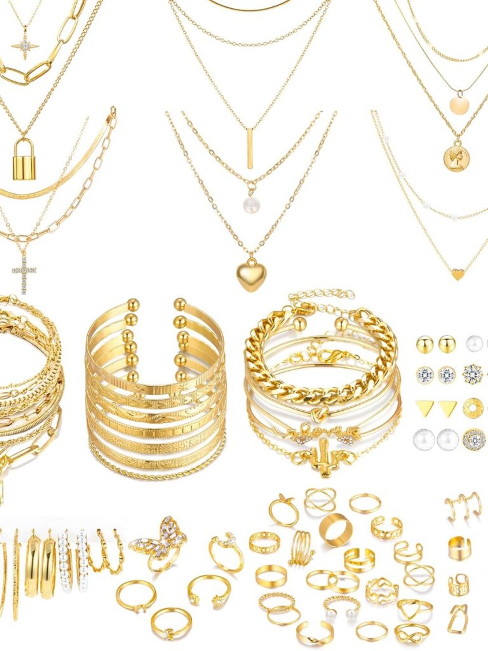 93 Pcs Golden Jewelry Set for Women Costume Jewelry Pack Golden Plated Necklace